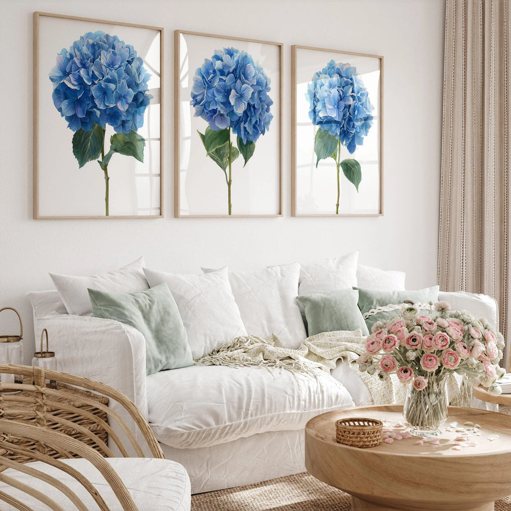 Blue hydrangea watercolour wall art set – elegant garden floral decor