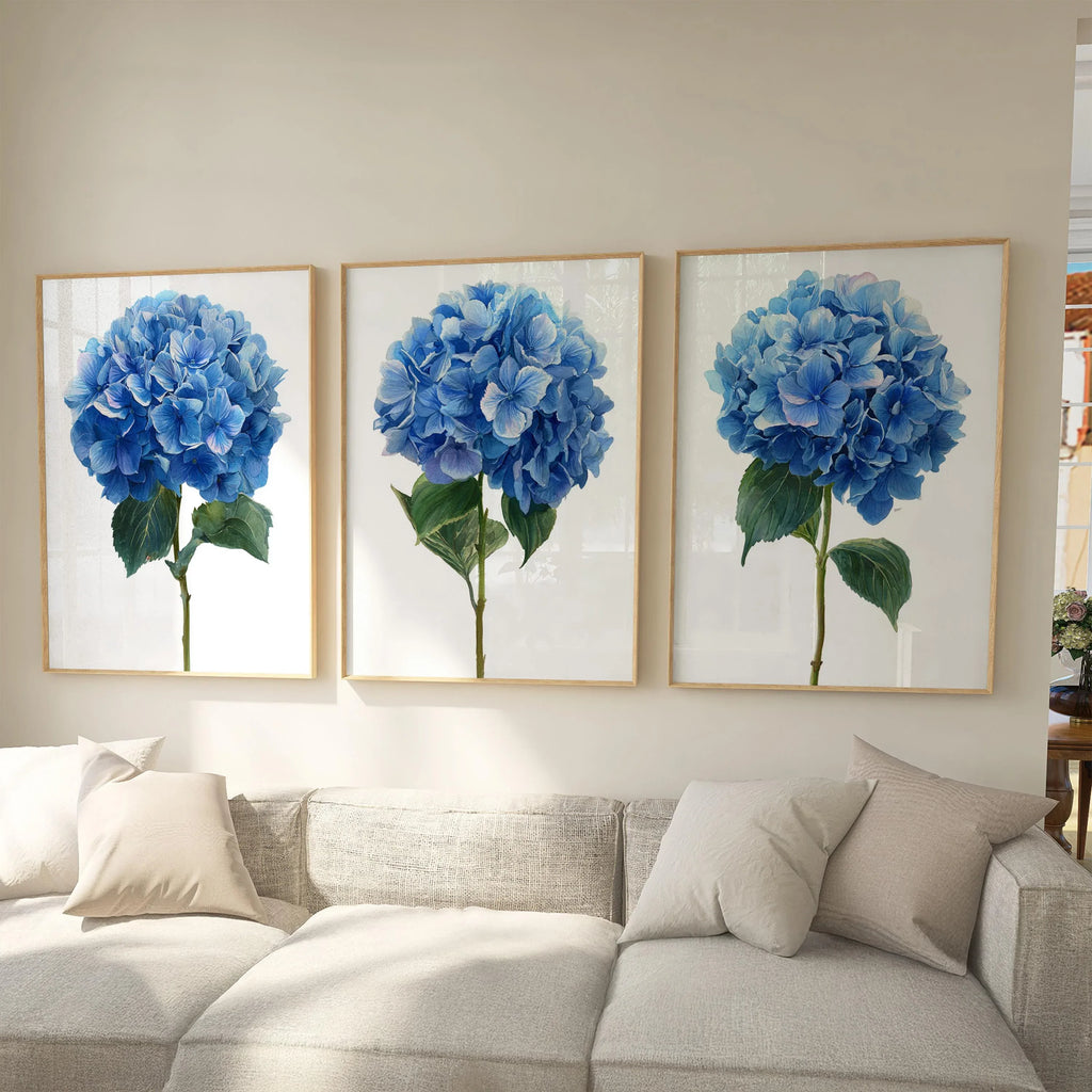 Blue hydrangea watercolour wall art set – elegant garden floral decor