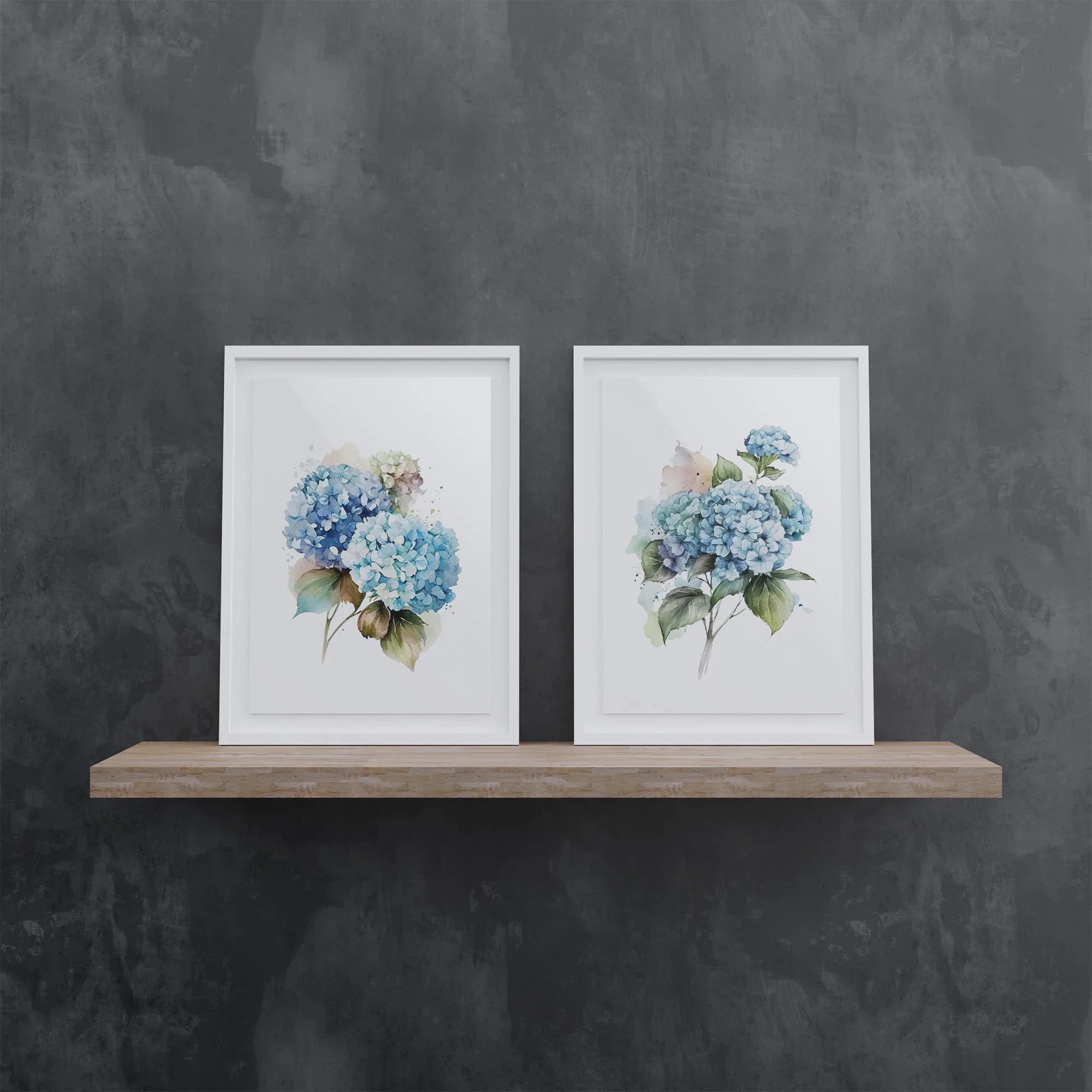 Blue hydrangea watercolour wall art set of 2 – floral living room decor