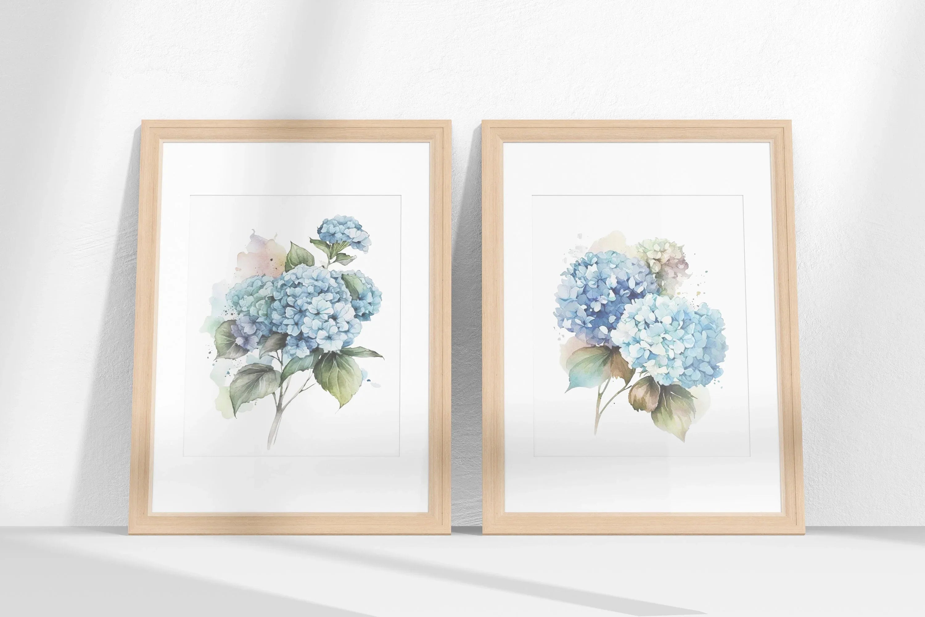 Blue hydrangea watercolour wall art set of 2 – floral living room decor