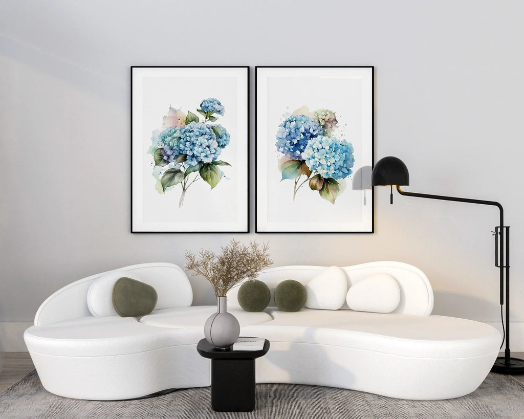 Blue hydrangea watercolour wall art set of 2 – floral living room decor