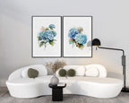 Blue hydrangea watercolour wall art set of 2 – floral living room decor