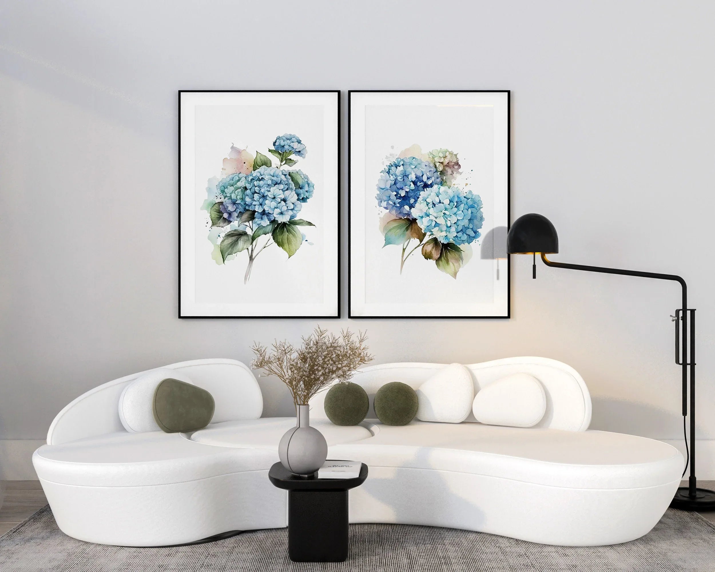 Blue hydrangea watercolour wall art set of 2 – floral living room decor