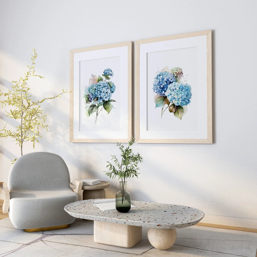 Blue hydrangea watercolour wall art set of 2 – floral living room decor