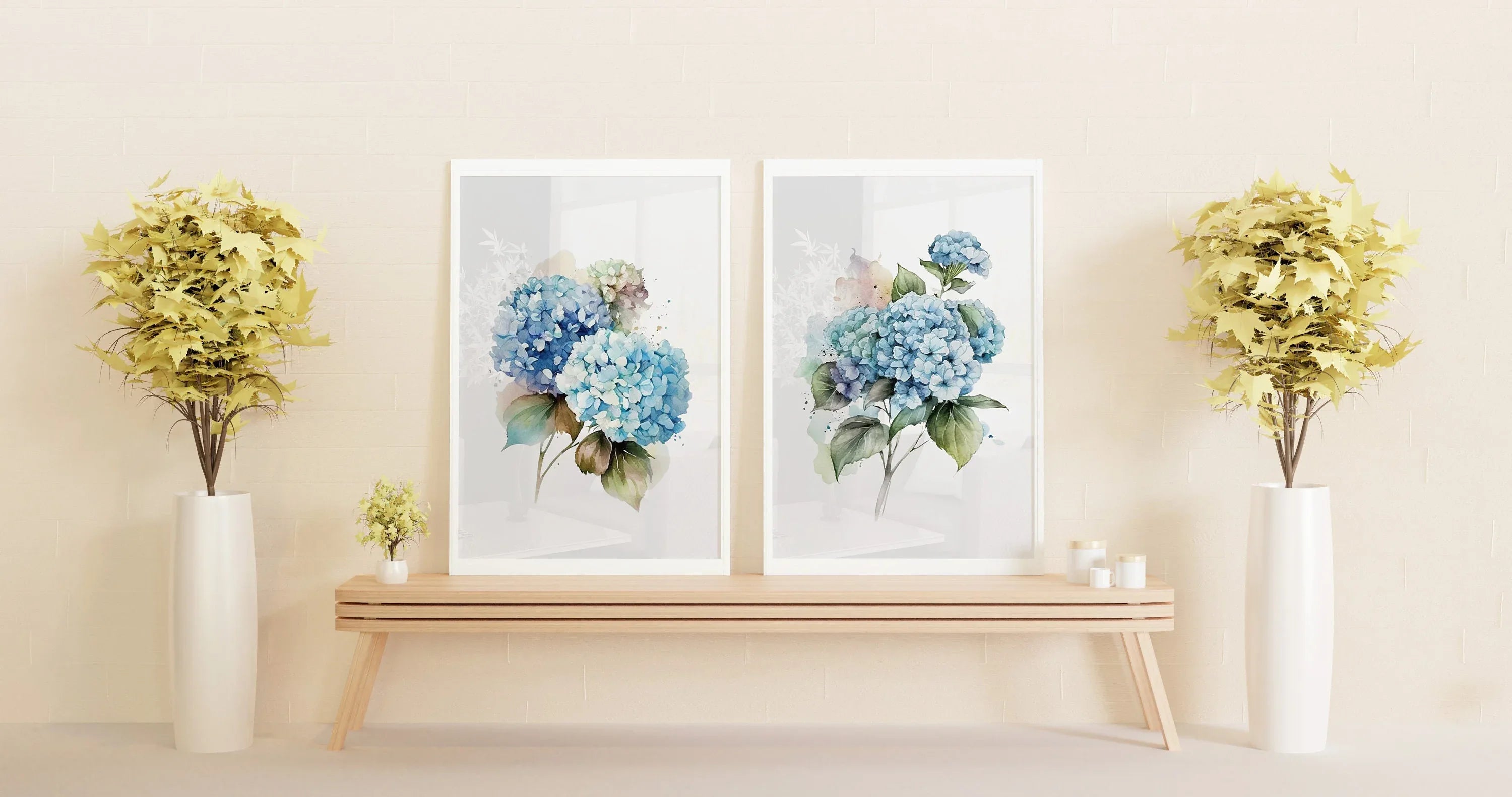 Blue hydrangea watercolour wall art set of 2 – floral living room decor
