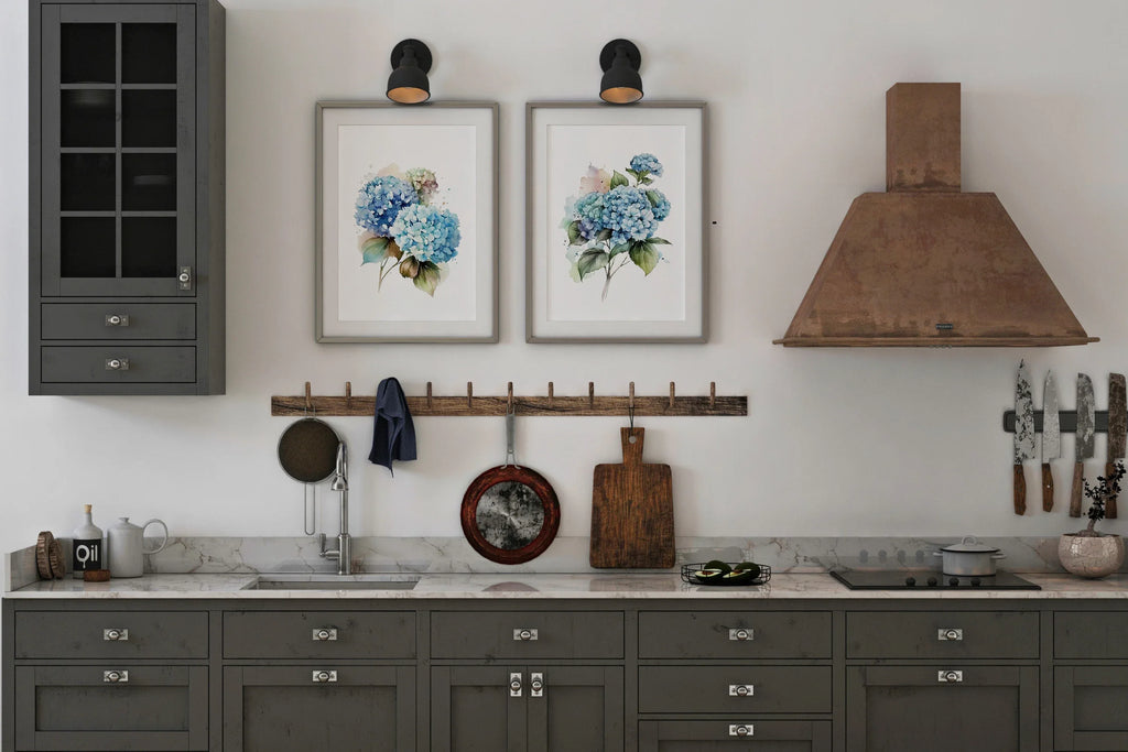 Blue hydrangea watercolour wall art set of 2 – floral living room decor