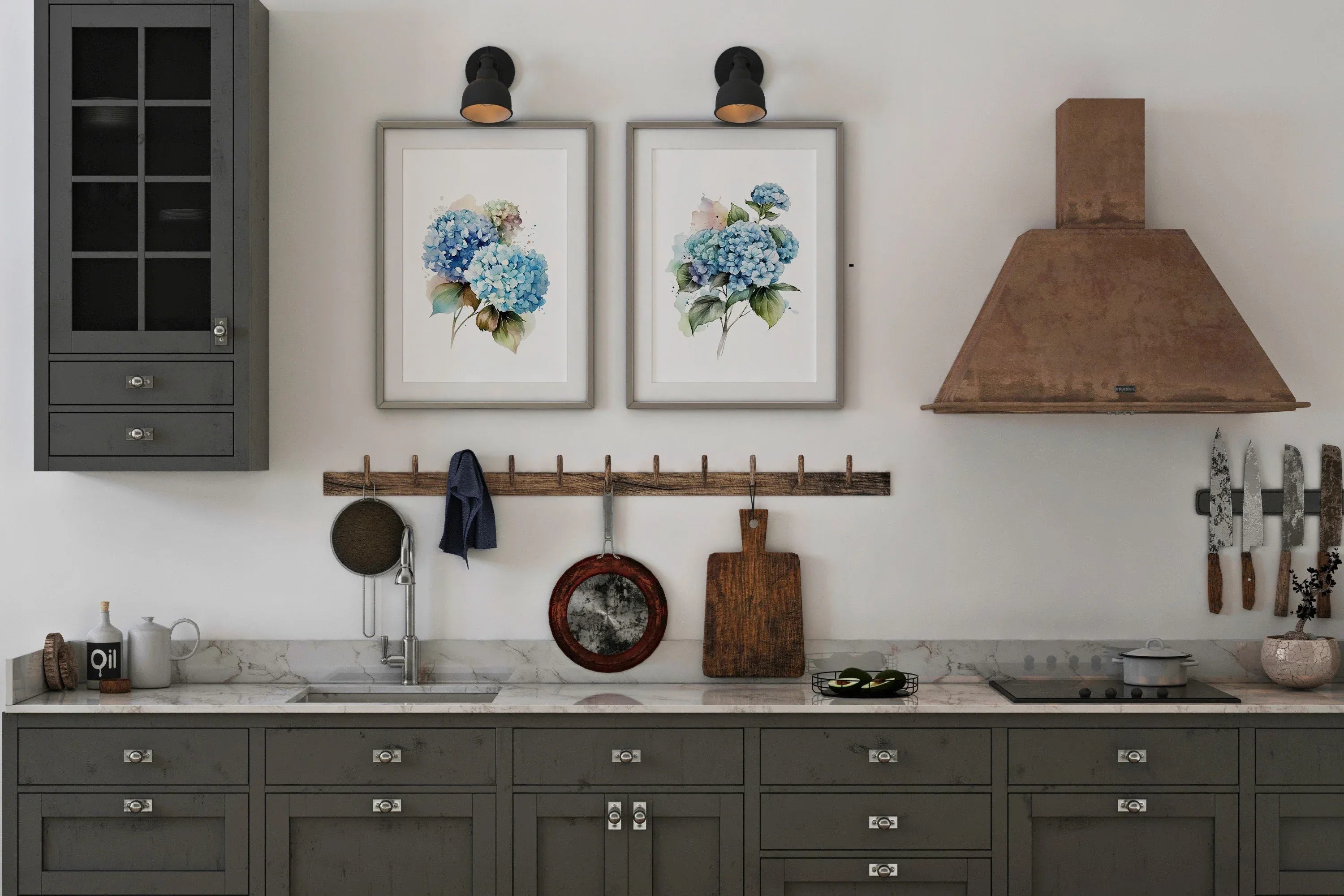 Blue hydrangea watercolour wall art set of 2 – floral living room decor