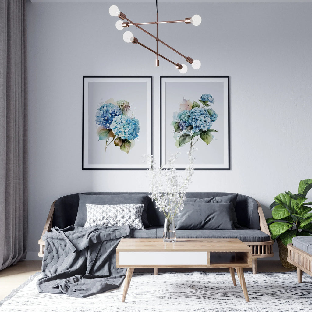 Blue hydrangea watercolour wall art set of 2 – floral living room decor