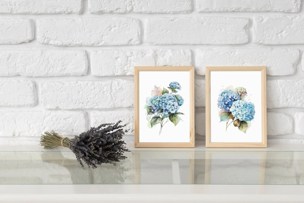 Blue hydrangea watercolour wall art set of 2 – floral living room decor