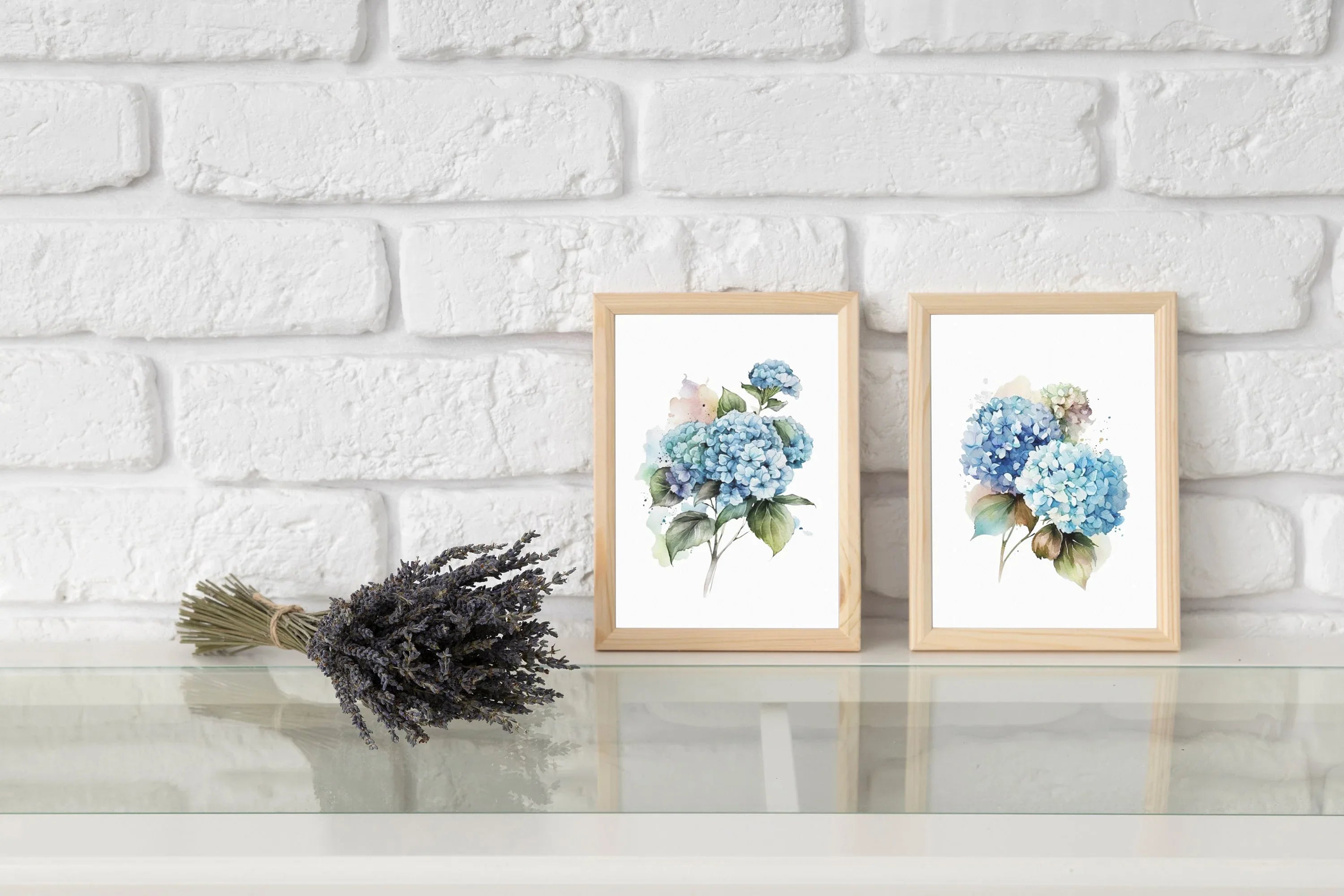 Blue hydrangea watercolour wall art set of 2 – floral living room decor