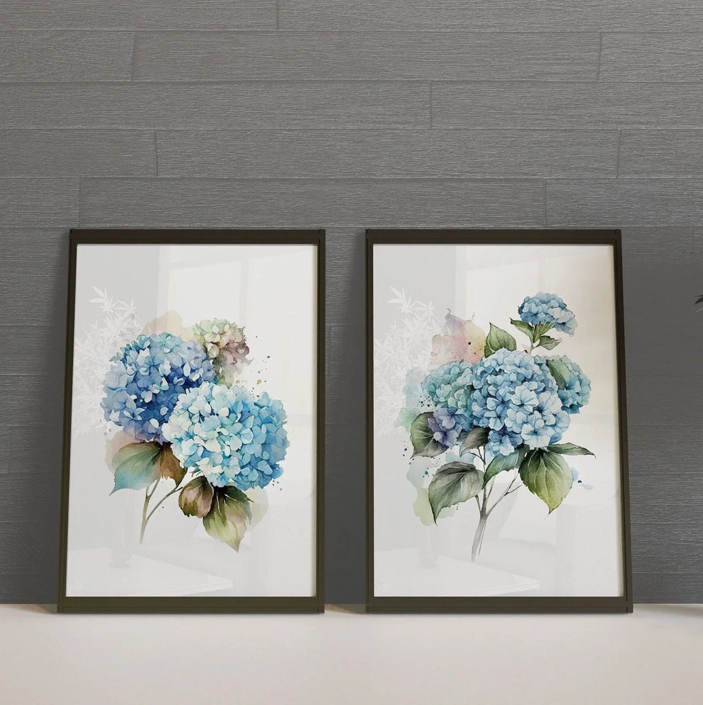 Blue hydrangea watercolour wall art set of 2 – floral living room decor