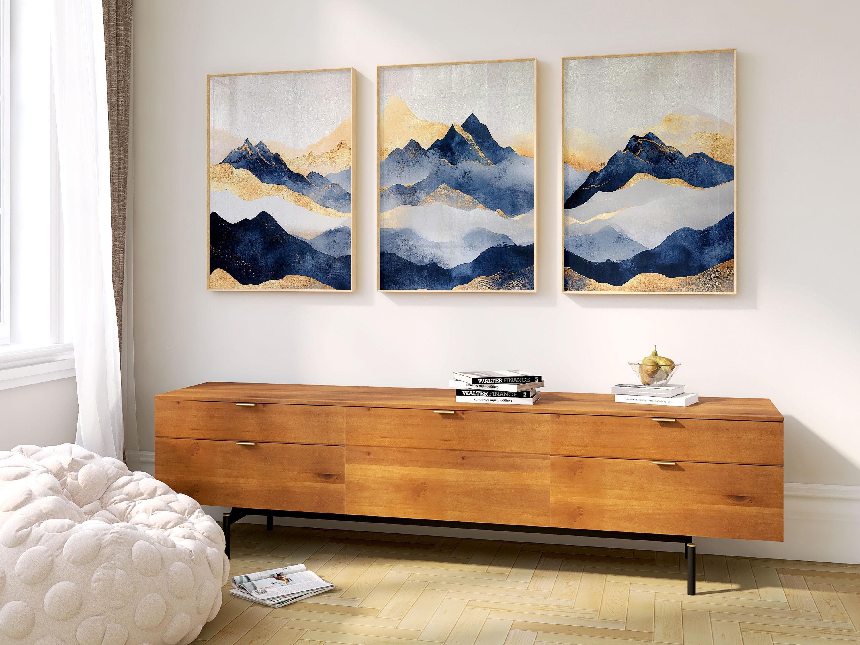 Blue and gold abstract mountain triptych wall art – modern landscape decor