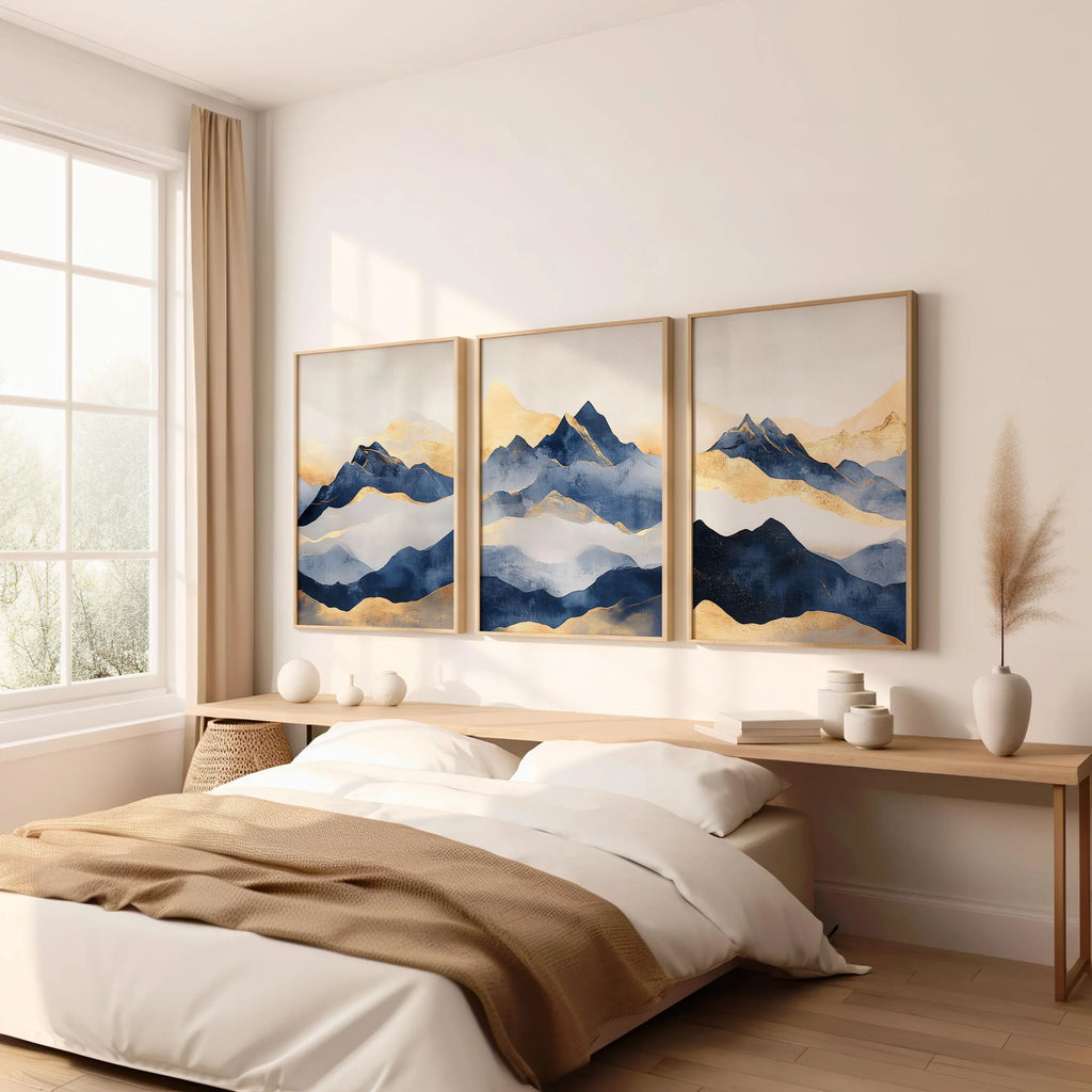 Blue and gold abstract mountain triptych wall art – modern landscape decor