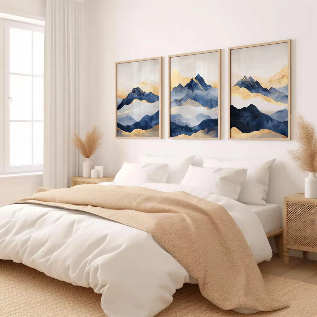 Blue and gold abstract mountain triptych wall art – modern landscape decor