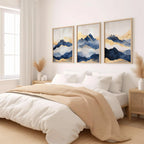 Blue and gold abstract mountain triptych wall art – modern landscape decor