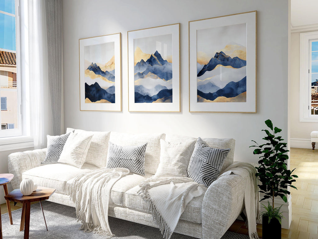 Blue and gold abstract mountain triptych wall art – modern landscape decor