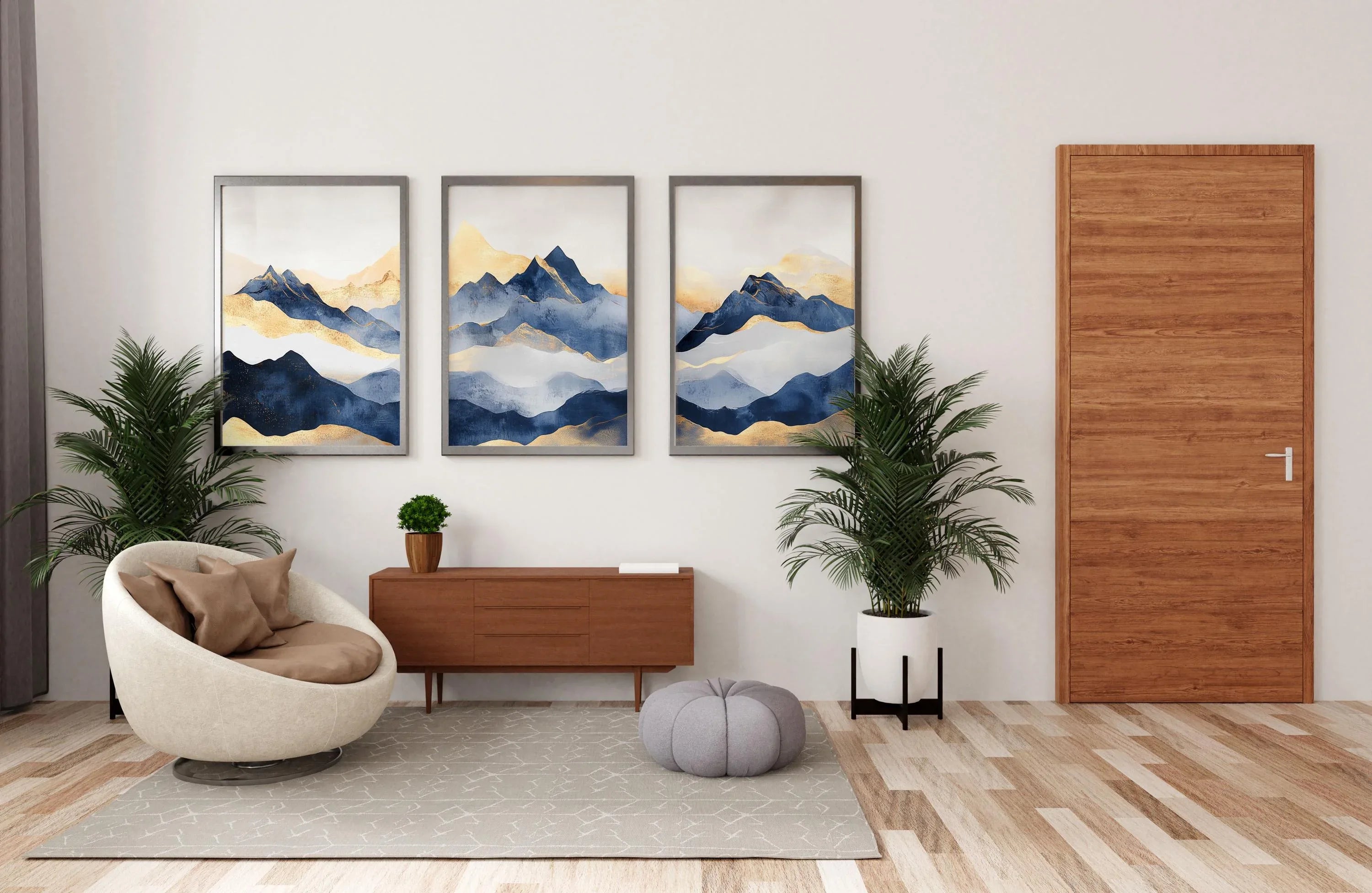 Blue and gold abstract mountain triptych wall art – modern landscape decor