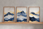 Blue and gold abstract mountain triptych wall art – modern landscape decor
