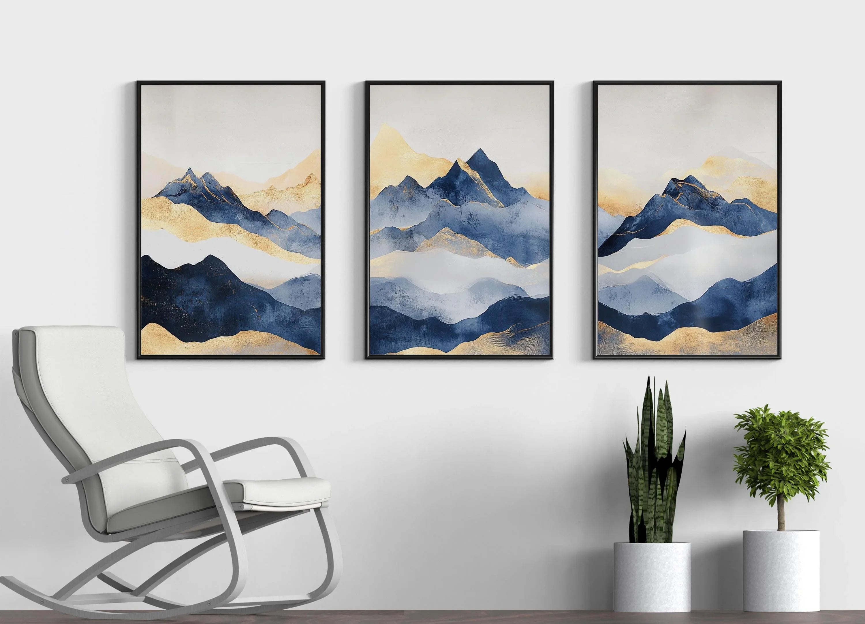 Blue and gold abstract mountain triptych wall art – modern landscape decor