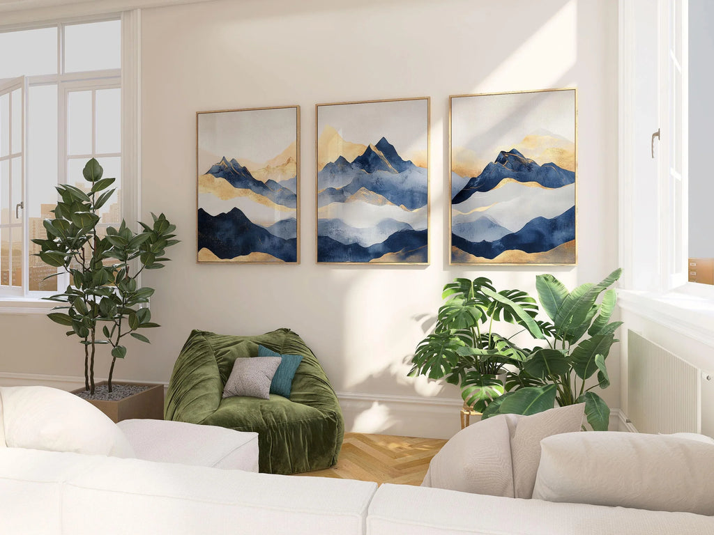 Blue and gold abstract mountain triptych wall art – modern landscape decor