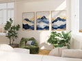 Blue and gold abstract mountain triptych wall art – modern landscape decor