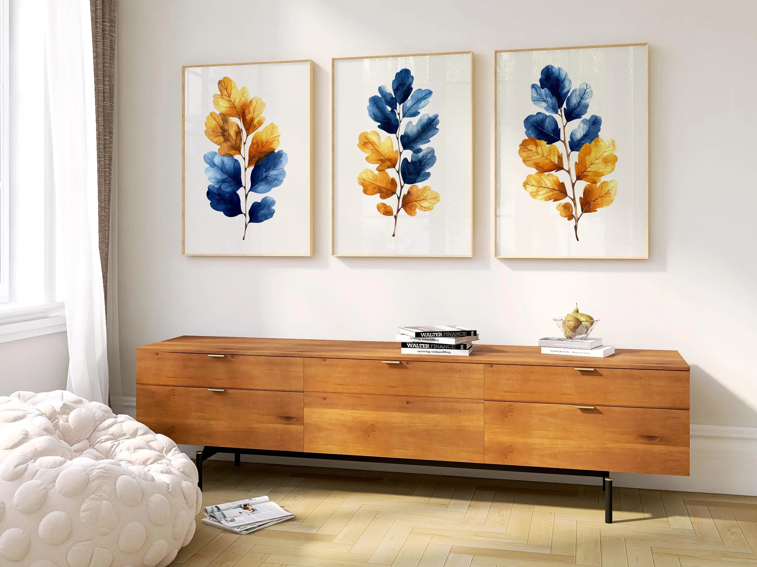 Blue and gold leaf watercolour wall art – modern botanical foliage decor