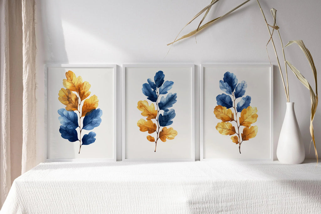 Blue and gold leaf watercolour wall art – modern botanical foliage decor