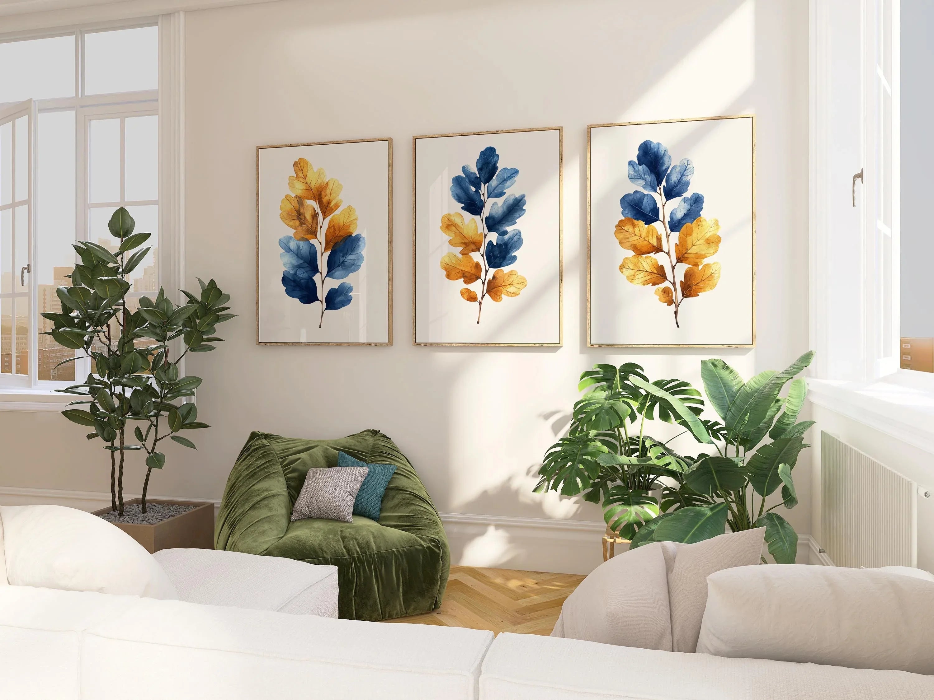 Blue and gold leaf watercolour wall art – modern botanical foliage decor