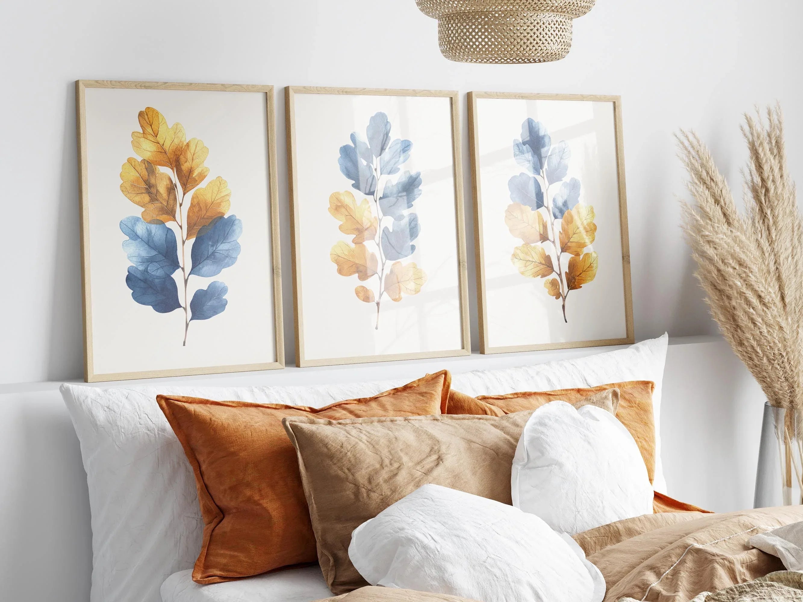 Blue and gold leaf watercolour wall art – modern botanical foliage decor