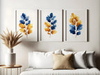 Blue and gold leaf watercolour wall art – modern botanical foliage decor