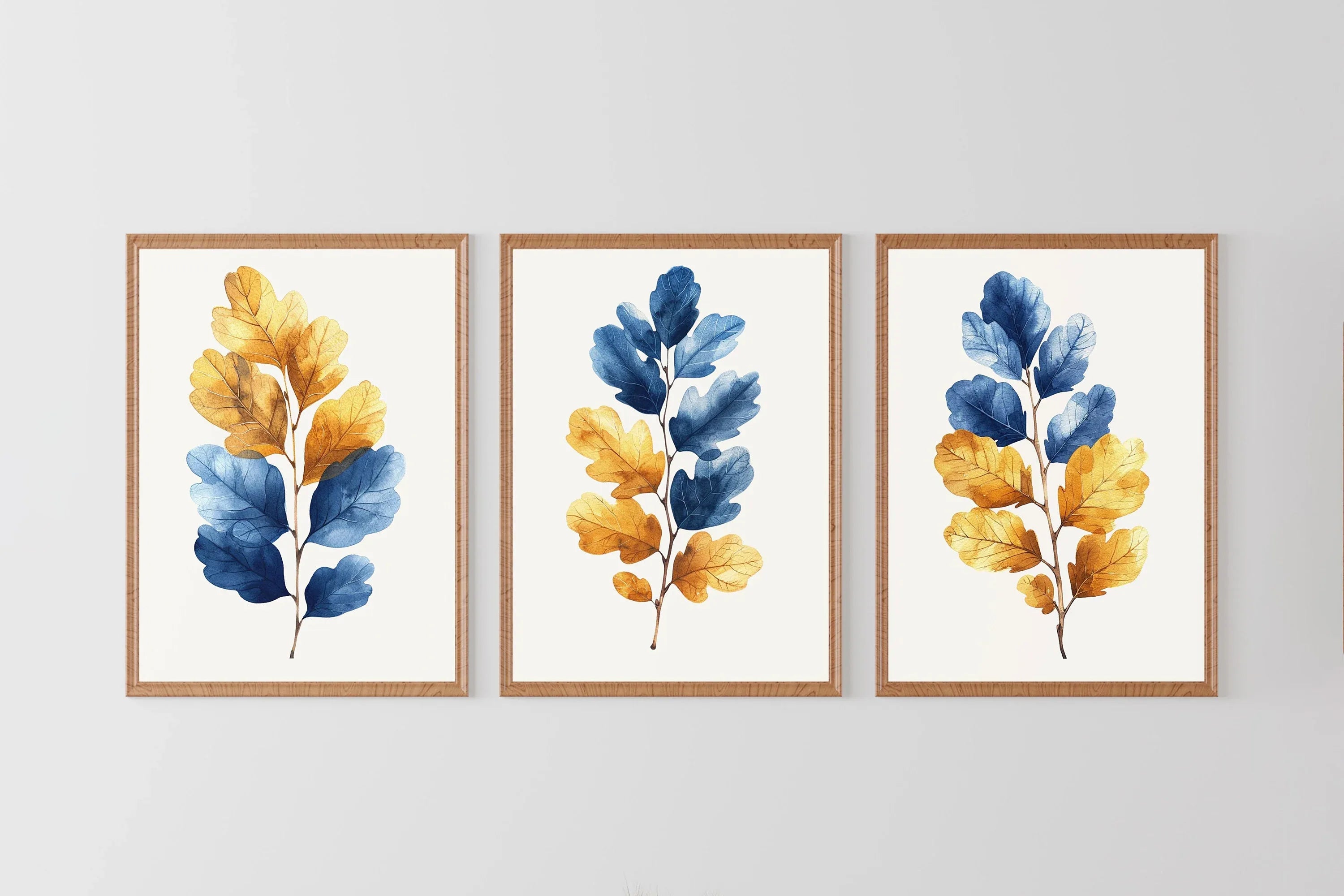 Blue and gold leaf watercolour wall art – modern botanical foliage decor