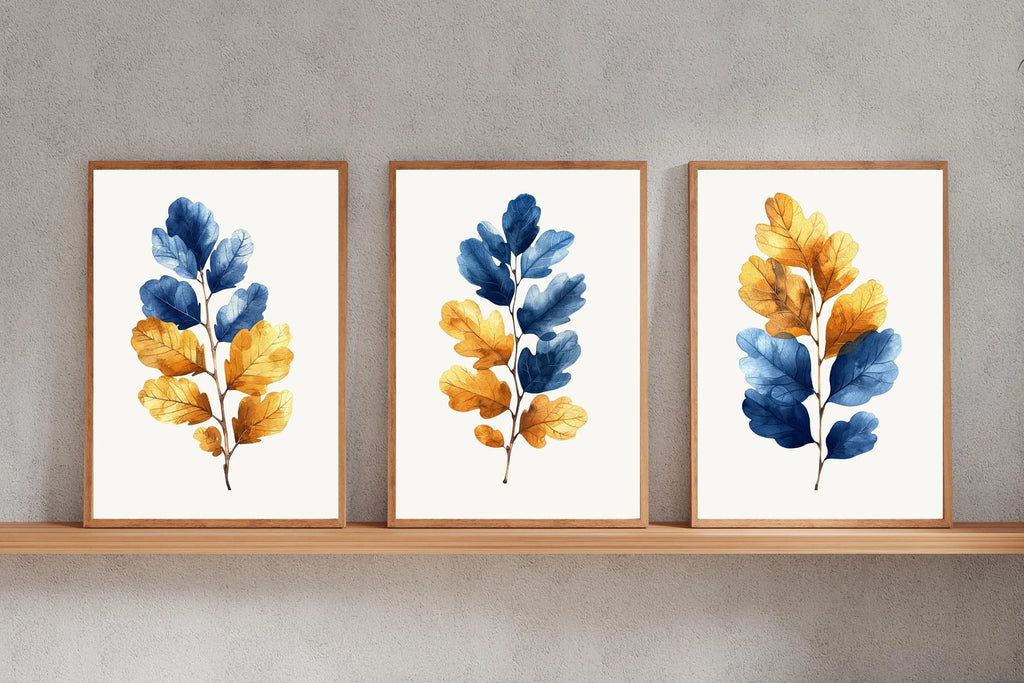 Blue and gold leaf watercolour wall art – modern botanical foliage decor