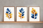 Blue and gold leaf watercolour wall art – modern botanical foliage decor