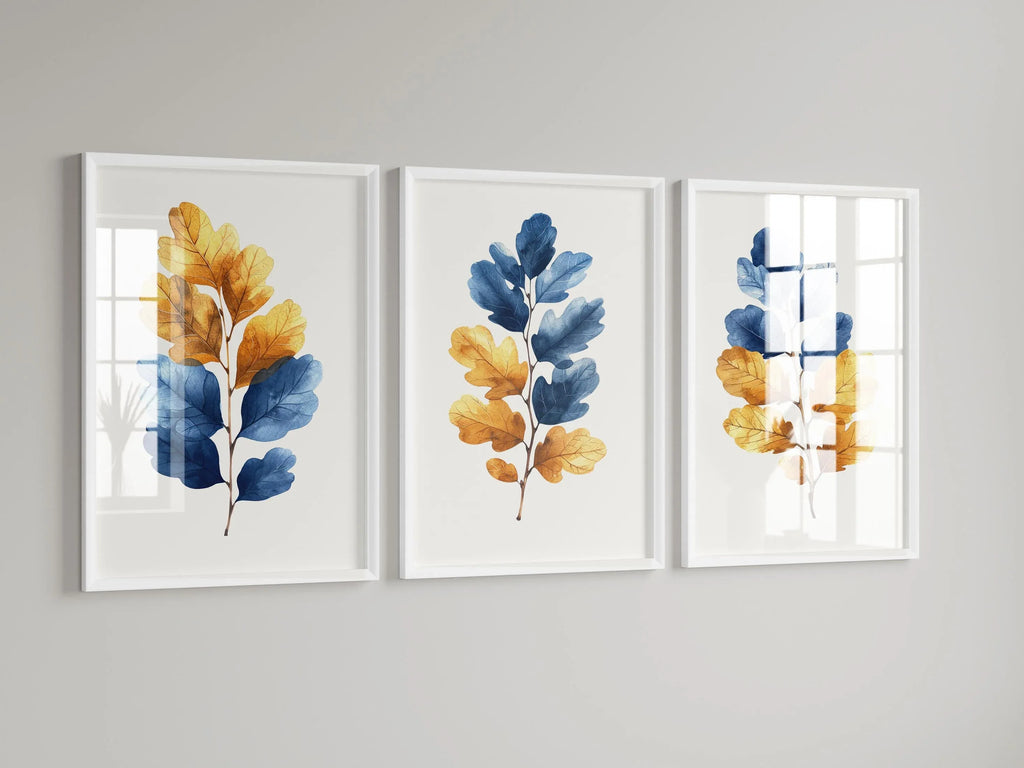Blue and gold leaf watercolour wall art – modern botanical foliage decor