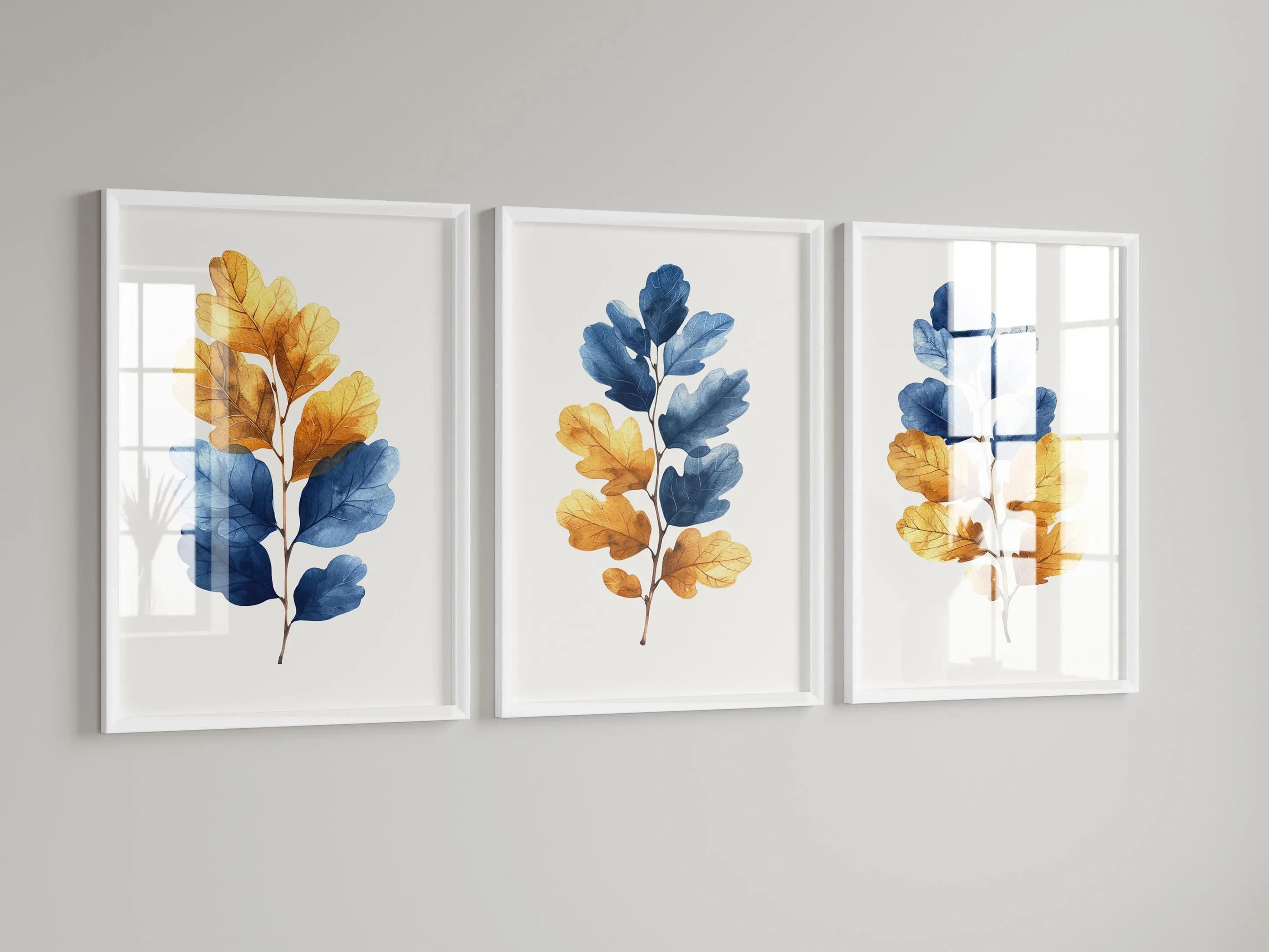 Blue and gold leaf watercolour wall art – modern botanical foliage decor