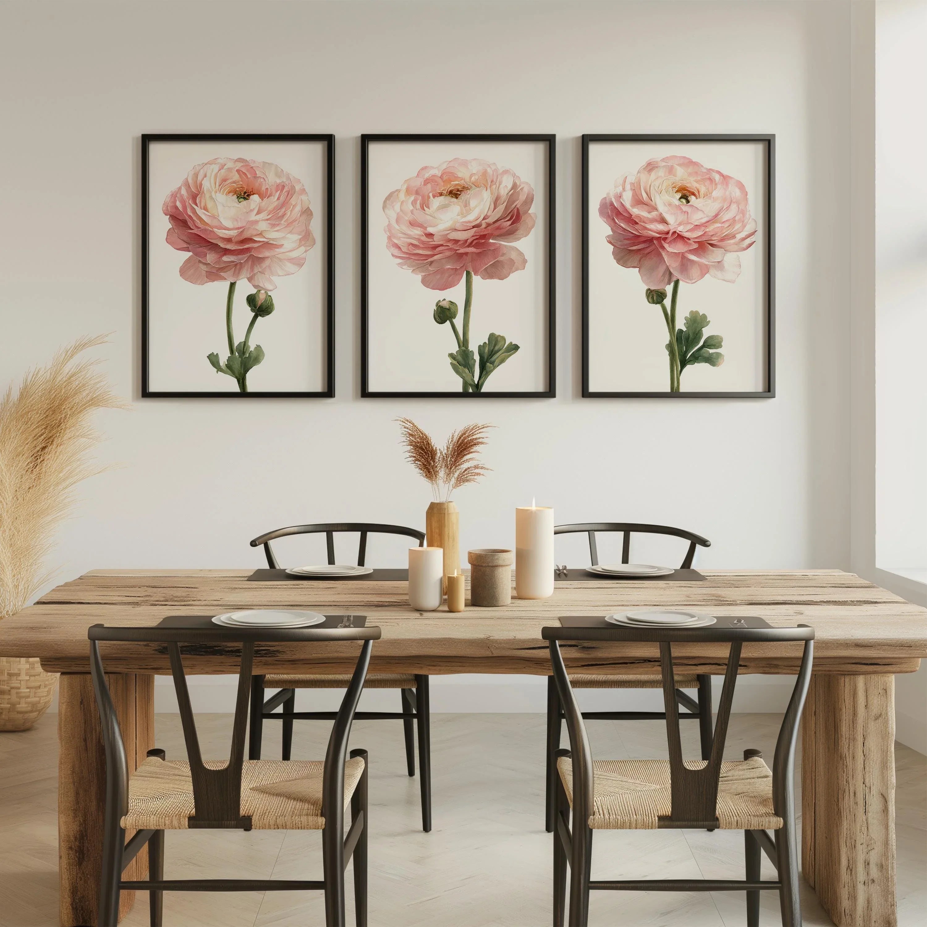 Blush peony watercolour wall art set of 3 – romantic pink floral bouquet decor