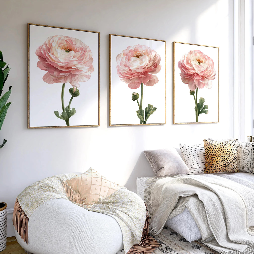 Blush peony watercolour wall art set of 3 – romantic pink floral bouquet decor