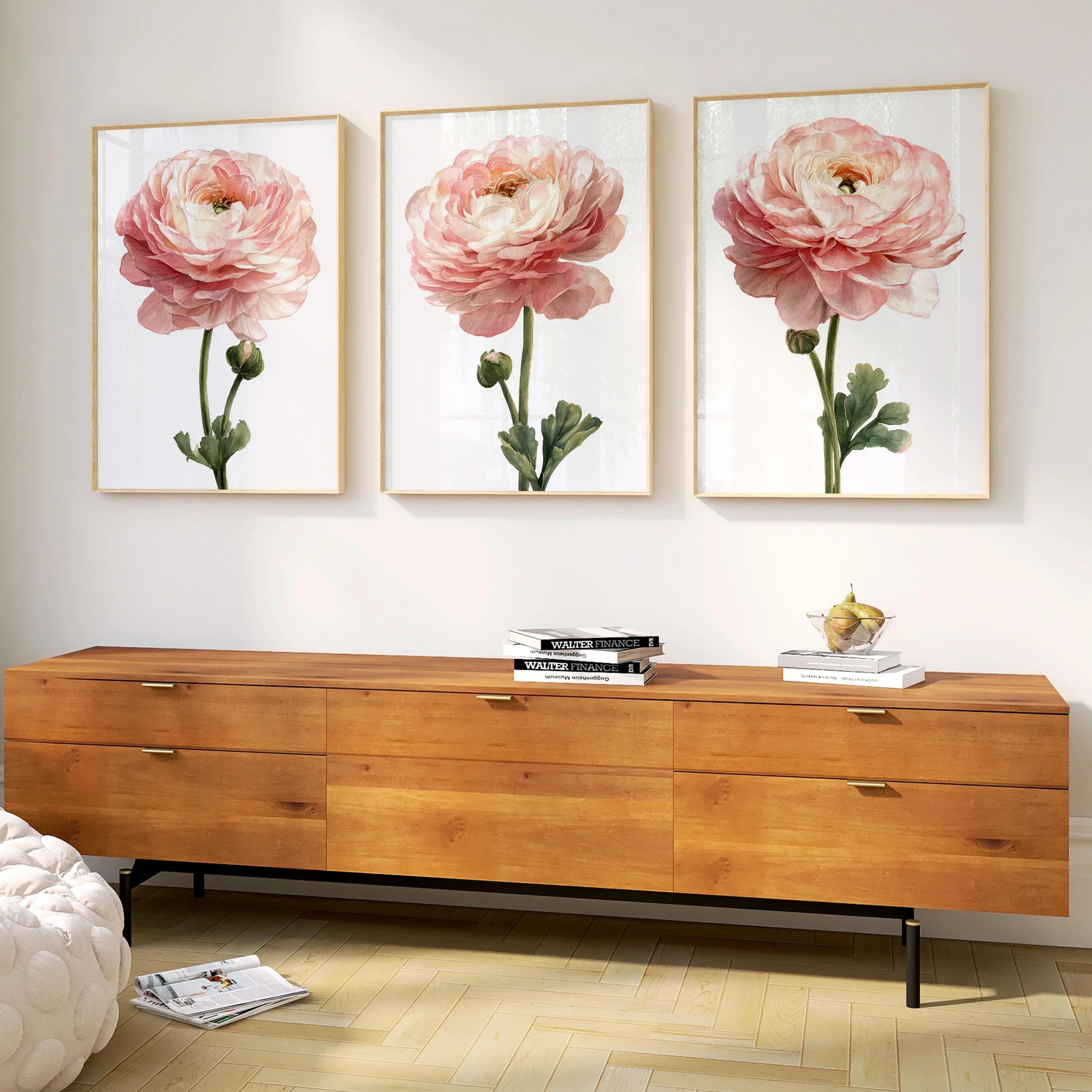 Blush peony watercolour wall art set of 3 – romantic pink floral bouquet decor
