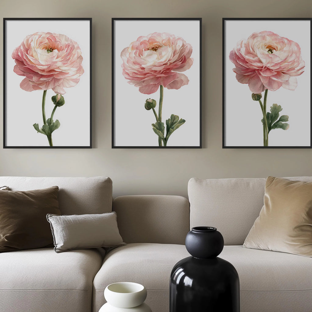 Blush peony watercolour wall art set of 3 – romantic pink floral bouquet decor