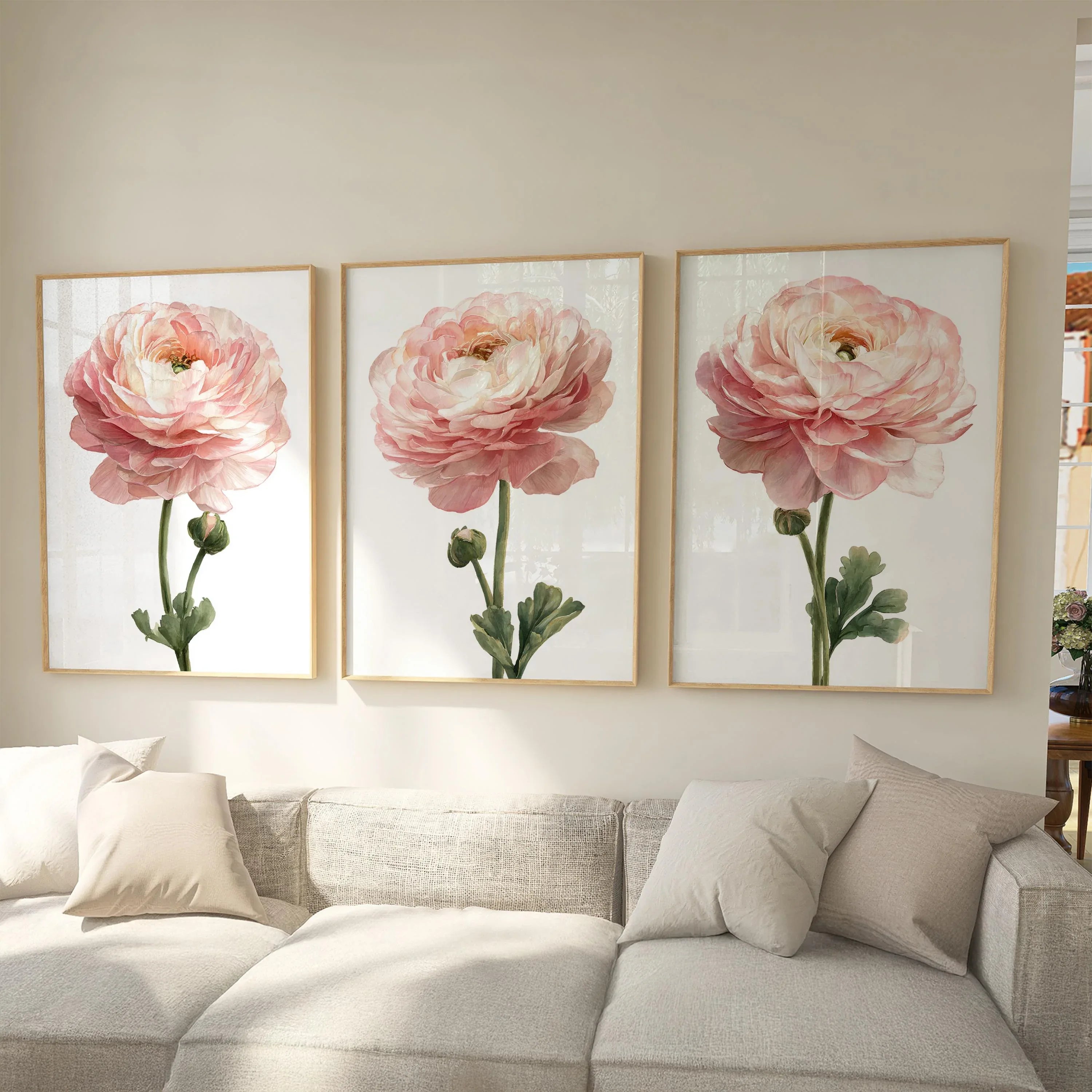 Blush peony watercolour wall art set of 3 – romantic pink floral bouquet decor