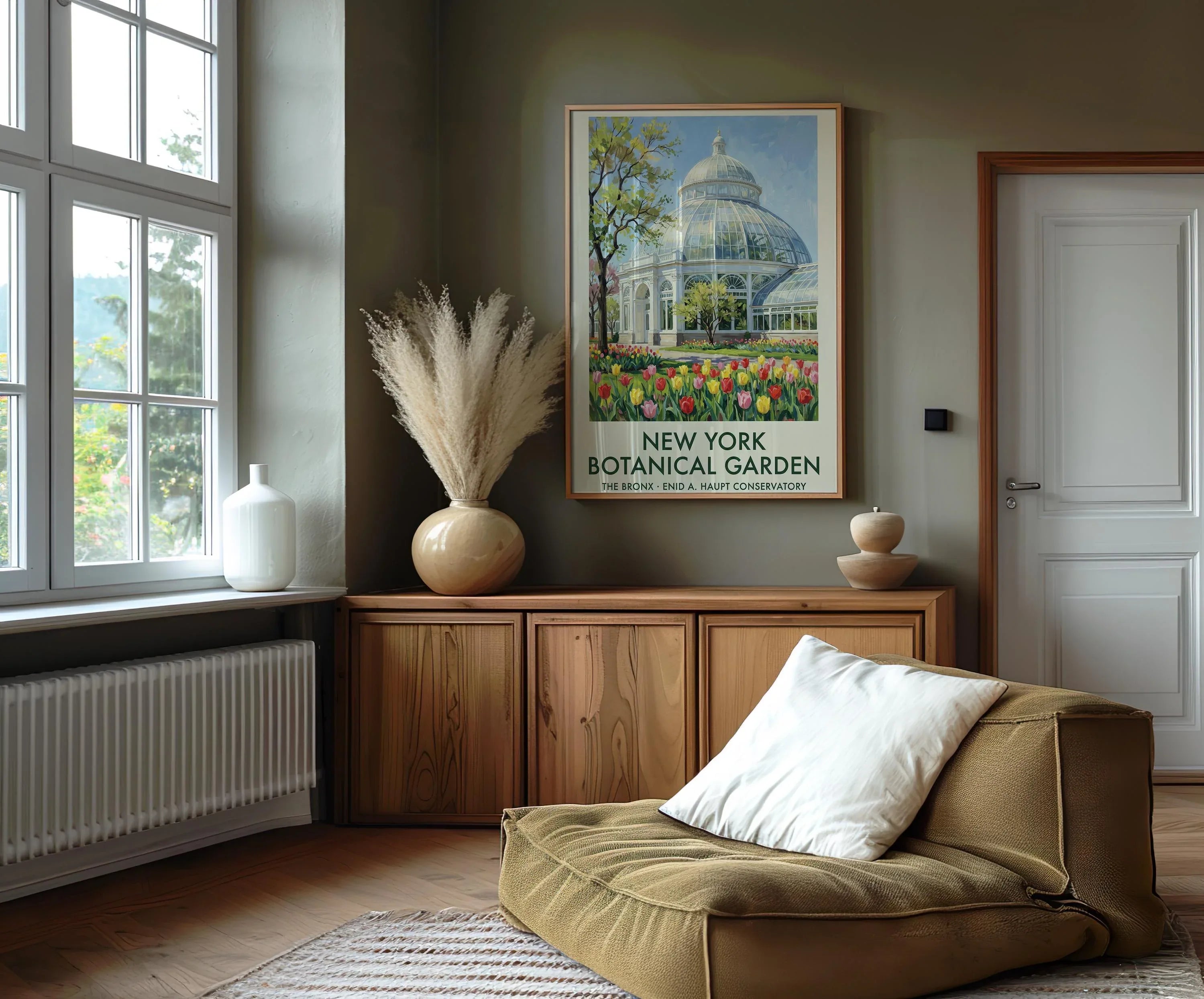 Botanical garden wall art – Enid Haupt Conservatory NYC with spring tulips