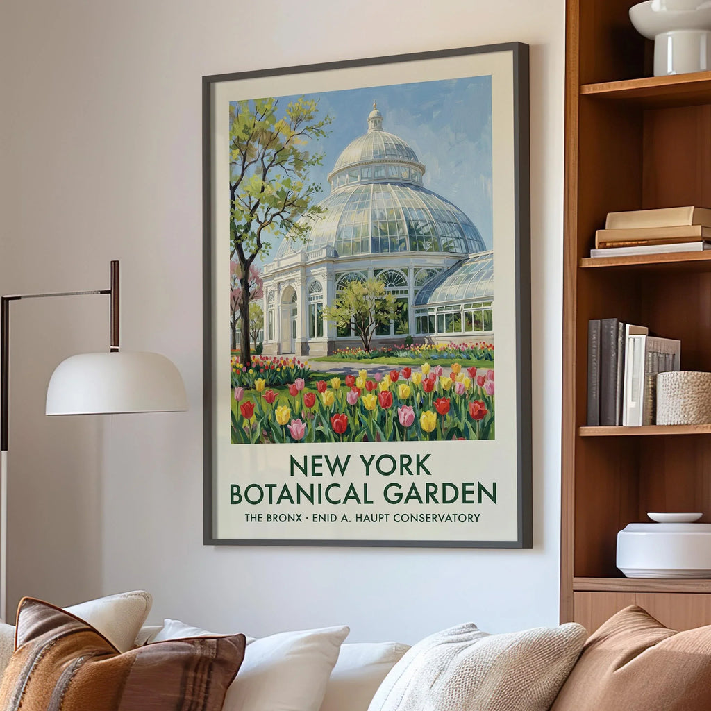 Botanical garden wall art – Enid Haupt Conservatory NYC with spring tulips