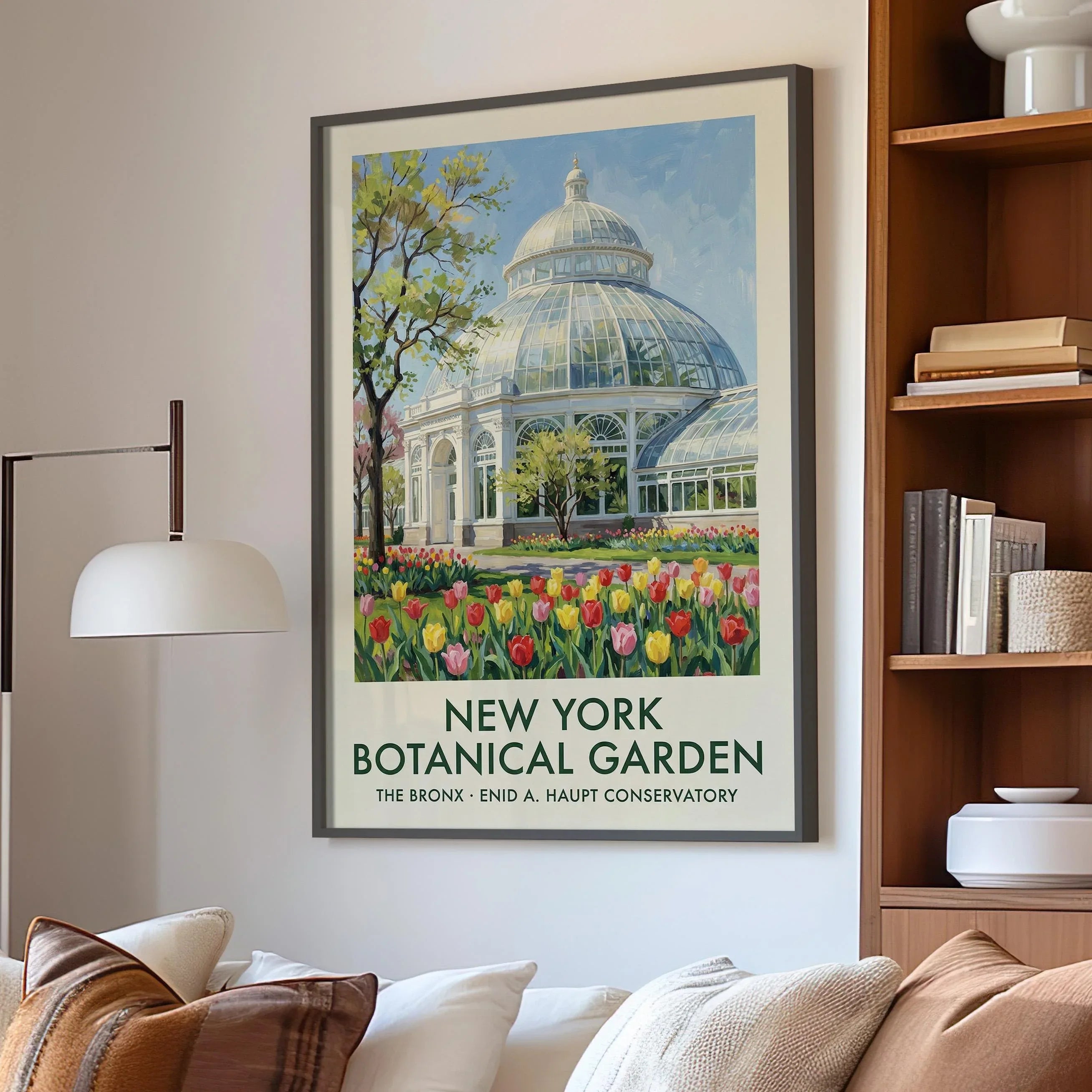 Botanical garden wall art – Enid Haupt Conservatory NYC with spring tulips