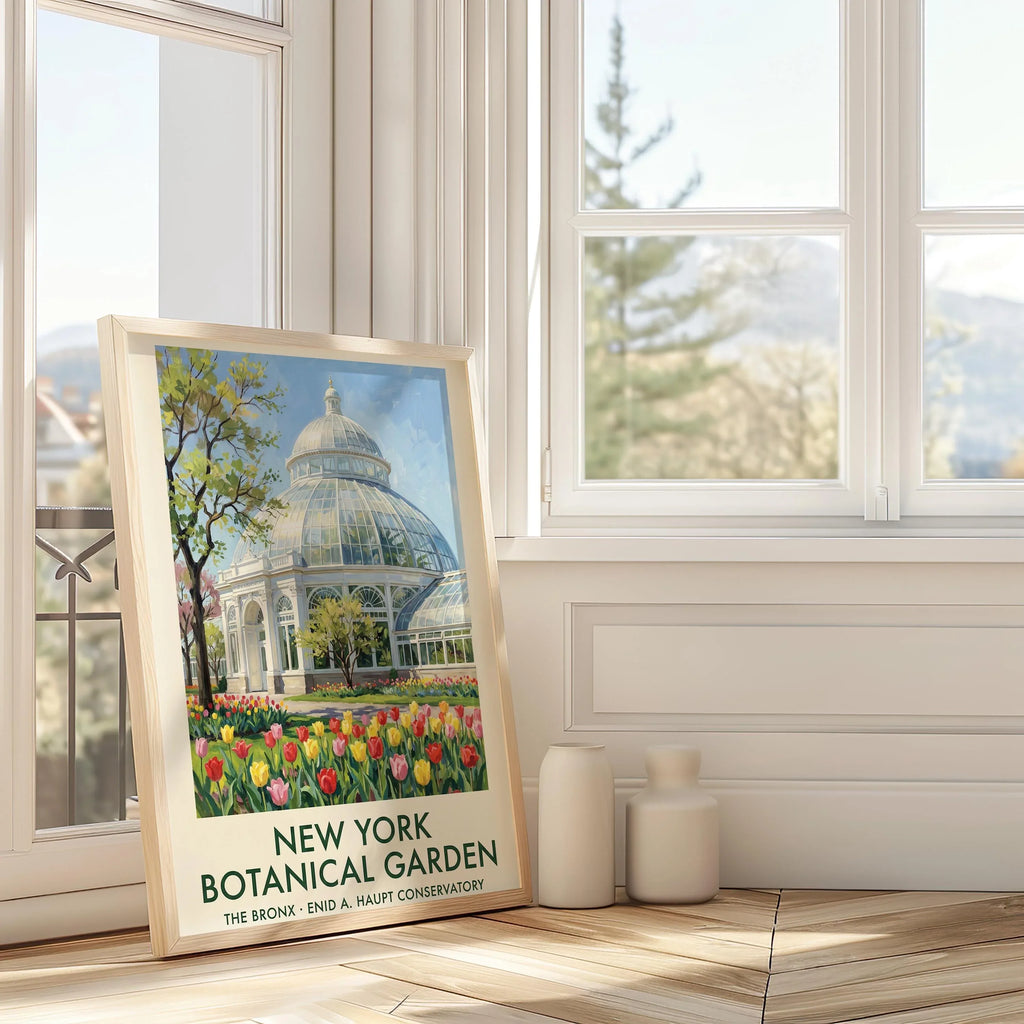 Botanical garden wall art – Enid Haupt Conservatory NYC with spring tulips
