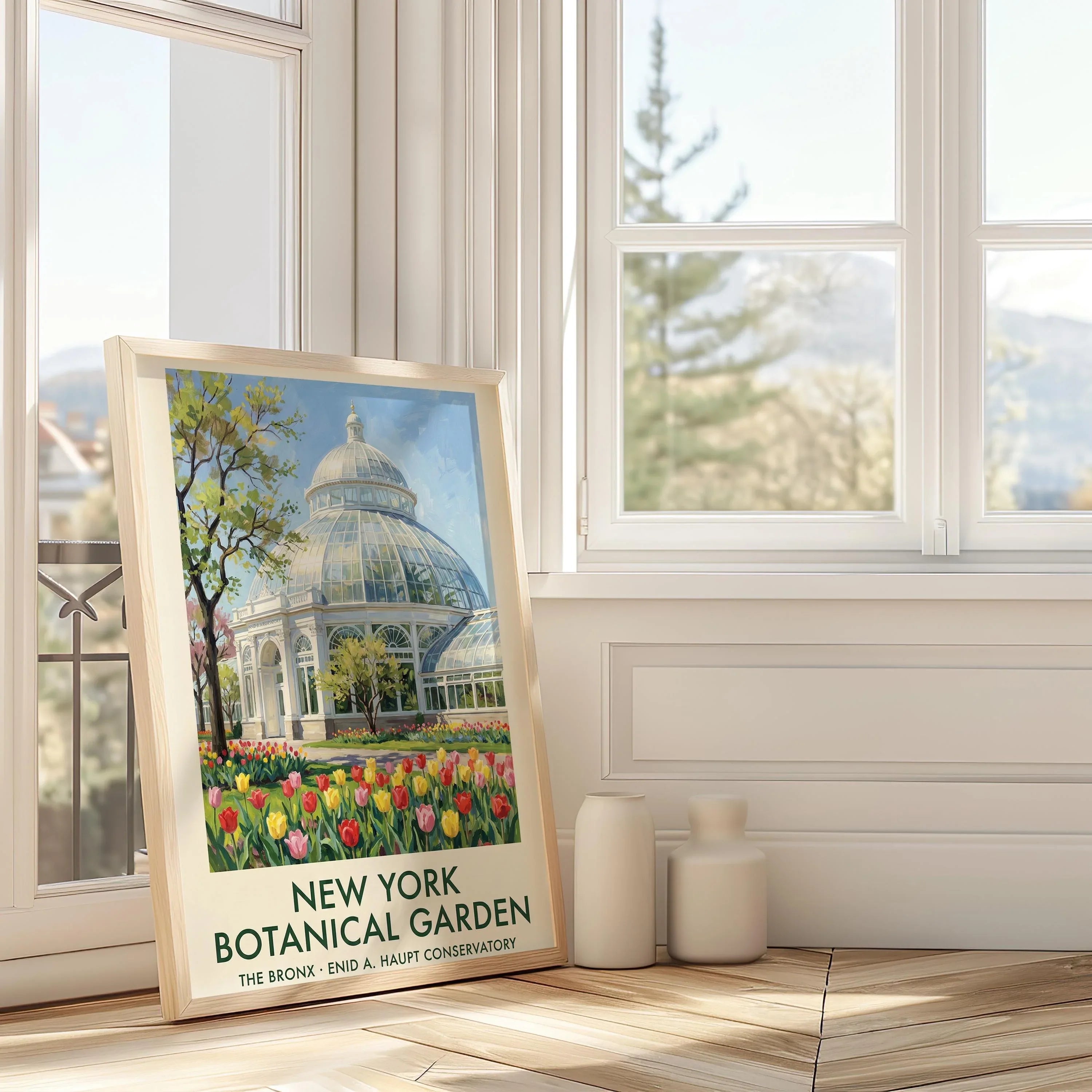 Botanical garden wall art – Enid Haupt Conservatory NYC with spring tulips