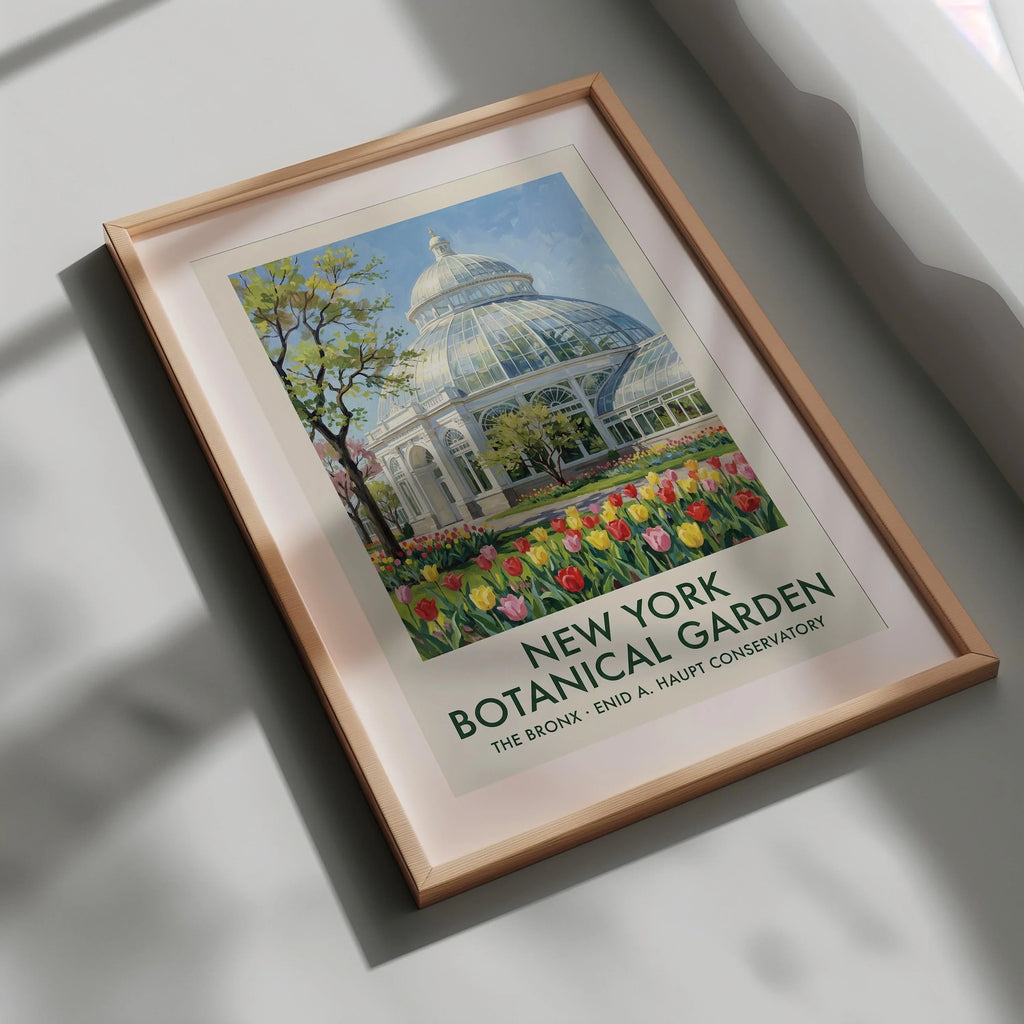 Botanical garden wall art – Enid Haupt Conservatory NYC with spring tulips