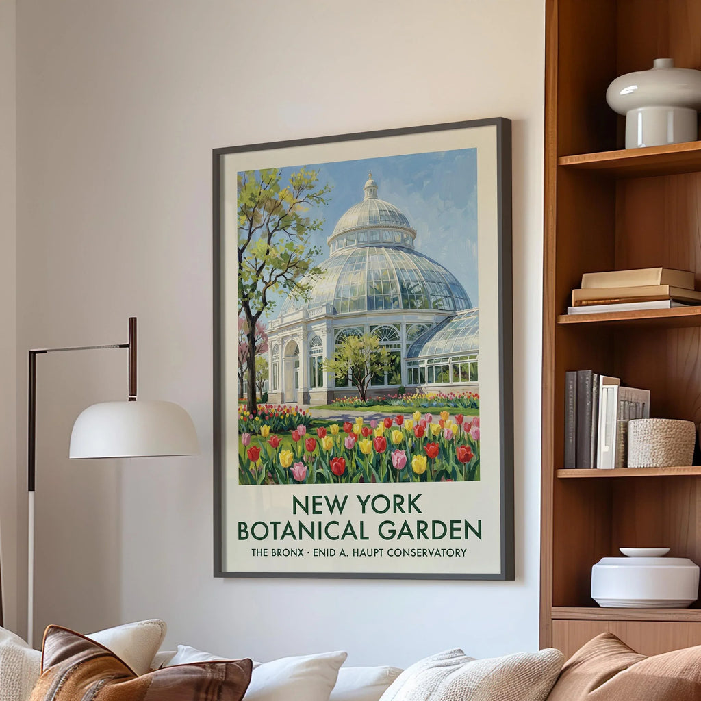 Botanical garden wall art – Enid Haupt Conservatory NYC with spring tulips