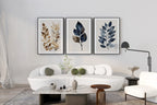 Botanical leaf wall art set of 3 – navy blue and gold elegant leaf decor