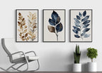 Botanical leaf wall art set of 3 – navy blue and gold elegant leaf decor