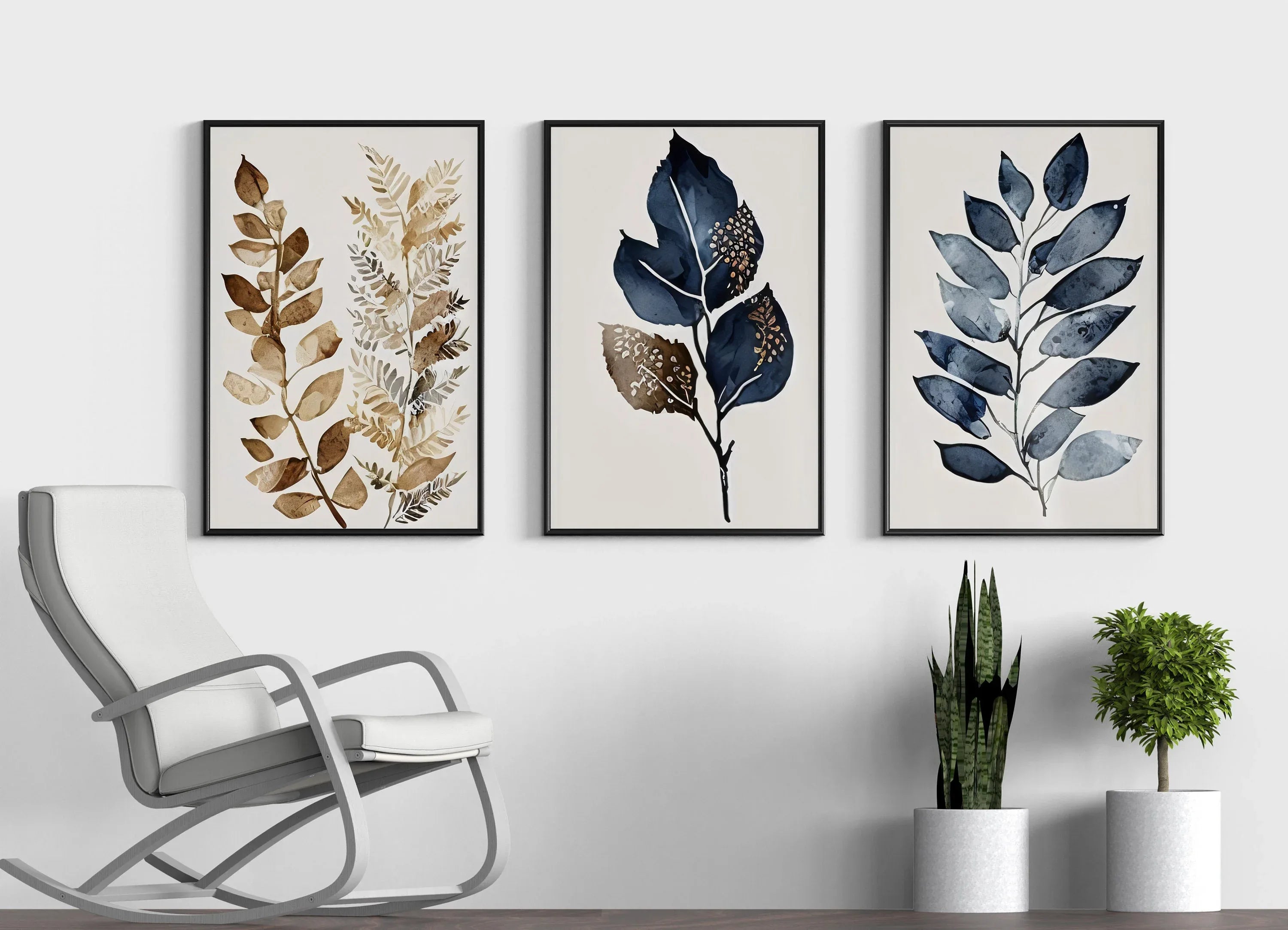 Botanical leaf wall art set of 3 – navy blue and gold elegant leaf decor